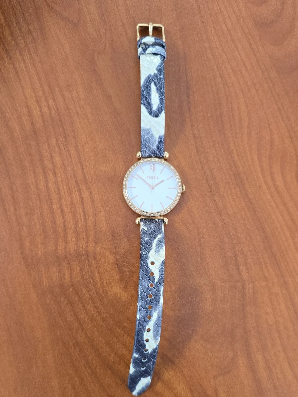Fossil Women's Gold-Tone Watch with Black and White Snake-Print Strap